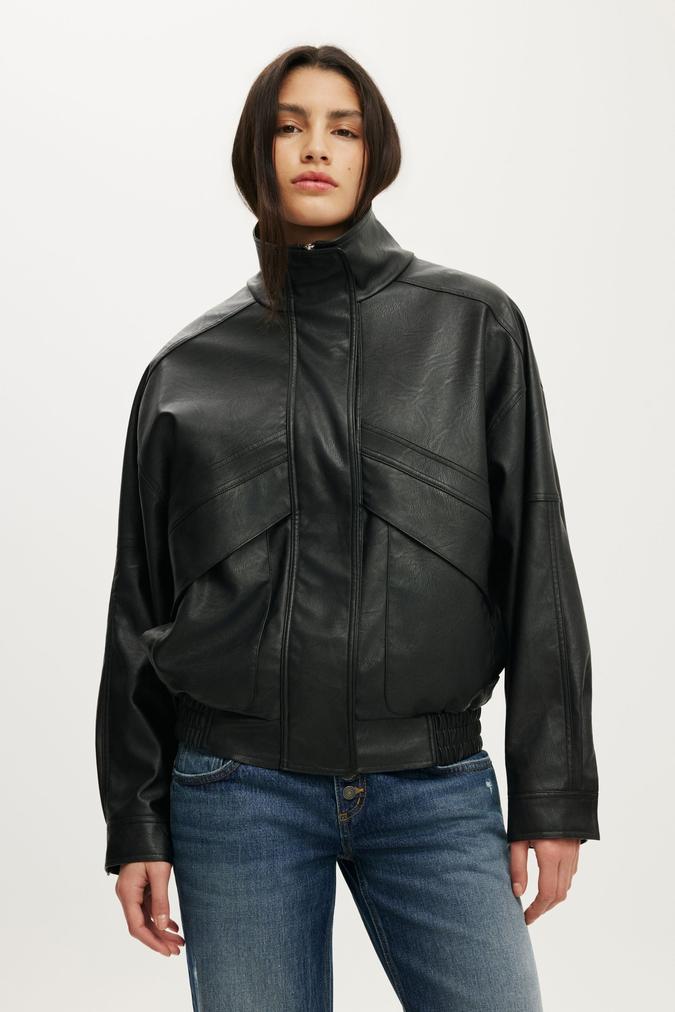 Theo Faux Leather Bomber - Black