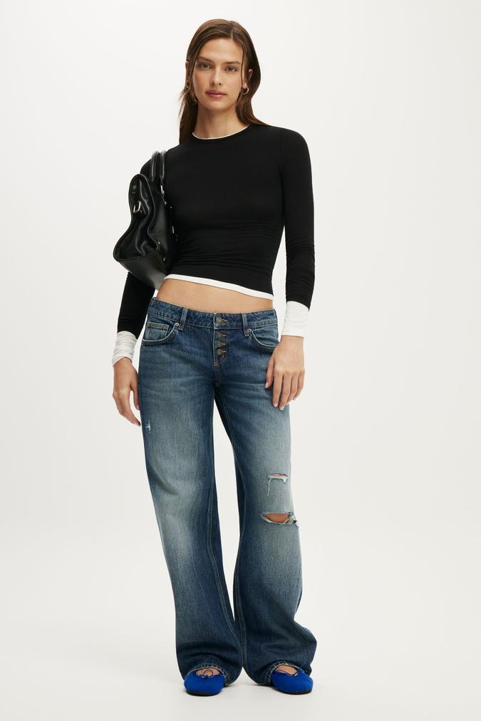 Low Rise Straight Jean - Grazed Blue Ripped