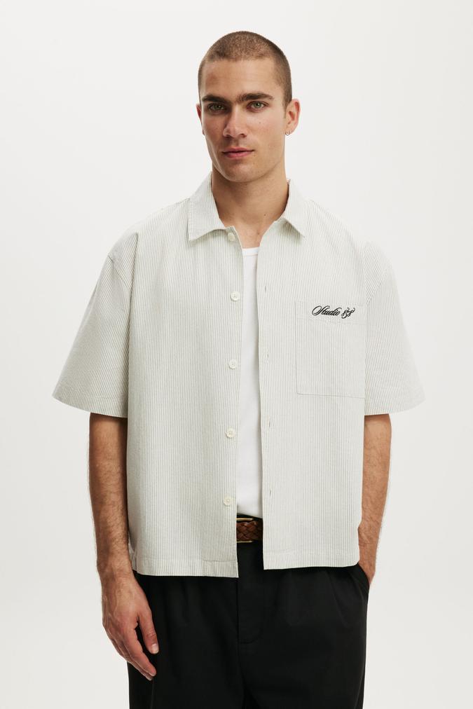 Ventura Short Sleeve Shirt - Off White Stripe Emb