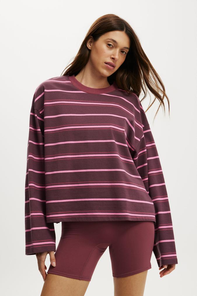 Long Sleeve Boxy Graphic Crew - Choc Plum Lenny Stripe