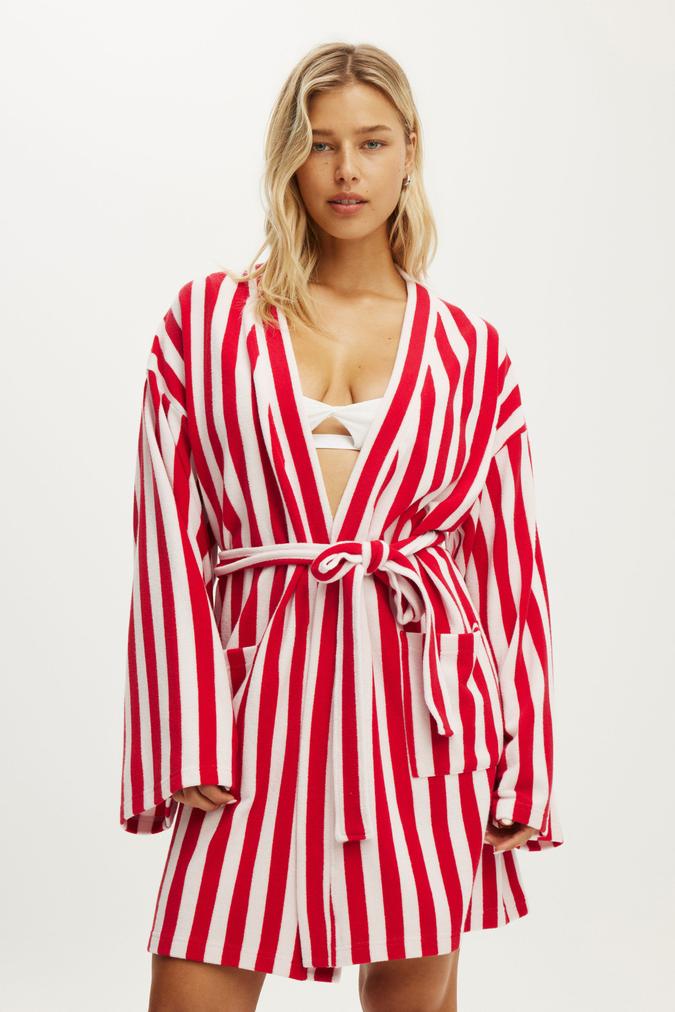 Body Wellness Long Sleeve Robe - Molly Stripe Pink Kiss/Cheeky Cherry